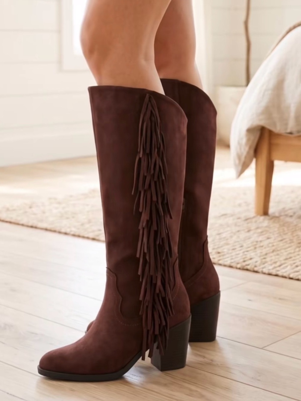 Fringed Western Knee-High Boots - Brown 8.5